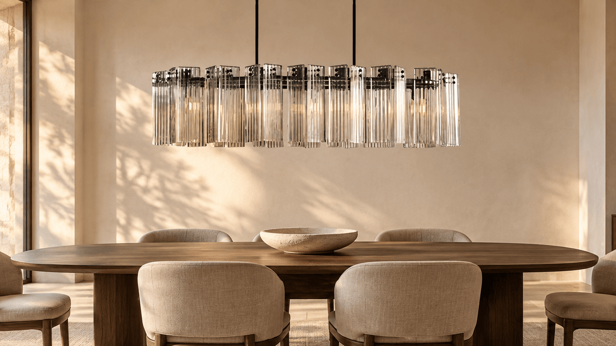 Clear reeded glass chandelier above a walnut dining table in a warm modern dining room