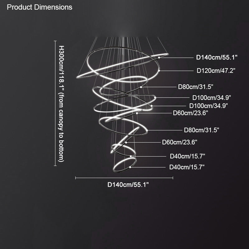 Shiny-black ten-ring dimension guide showing the fullest standard configuration with a 55.1-inch maximum diameter.