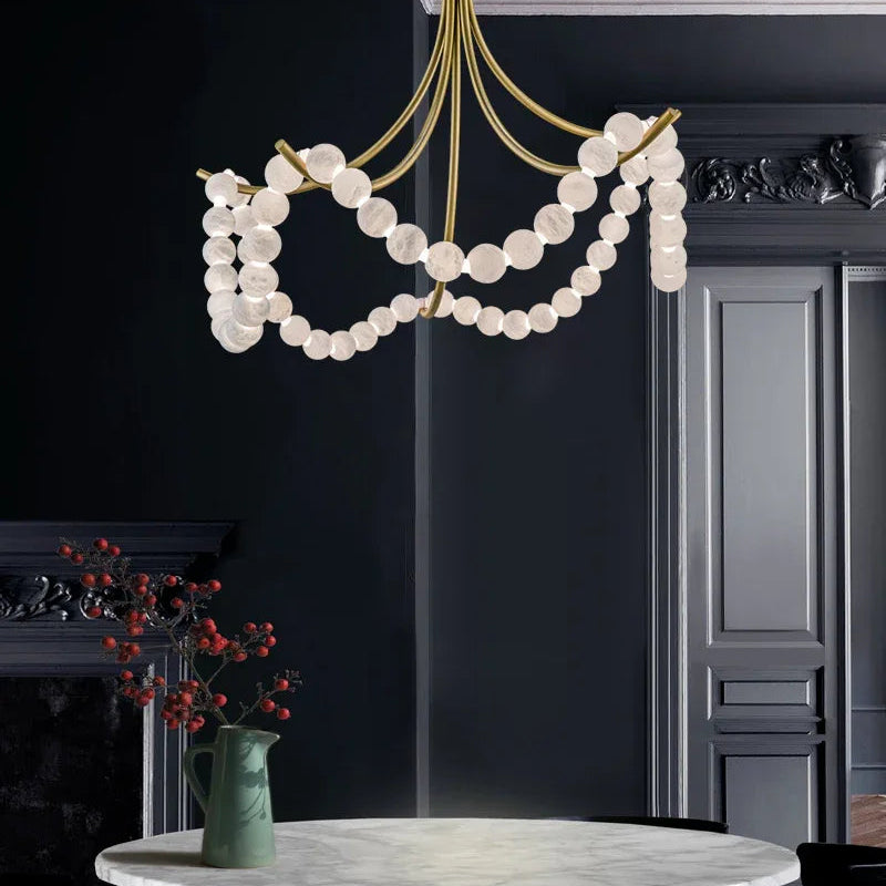 Cluster String Alabaster Beads Semi Flush Chandelier in Brass & Black Metal Rod American chandelier