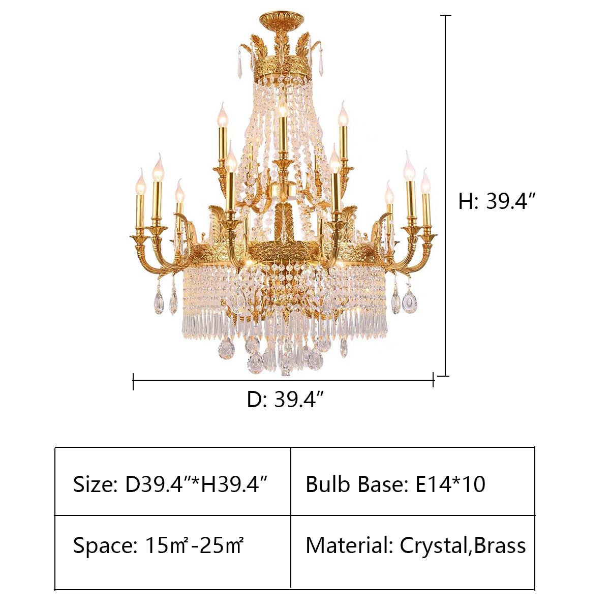 1 layer: D39.4*H39.4" Large Oversized Luxury GBUden Metal Brass Candle Crystal Tassel Chandelier For High-ceiling Staircase/Entryway/Hallway/Living/Meeting Room