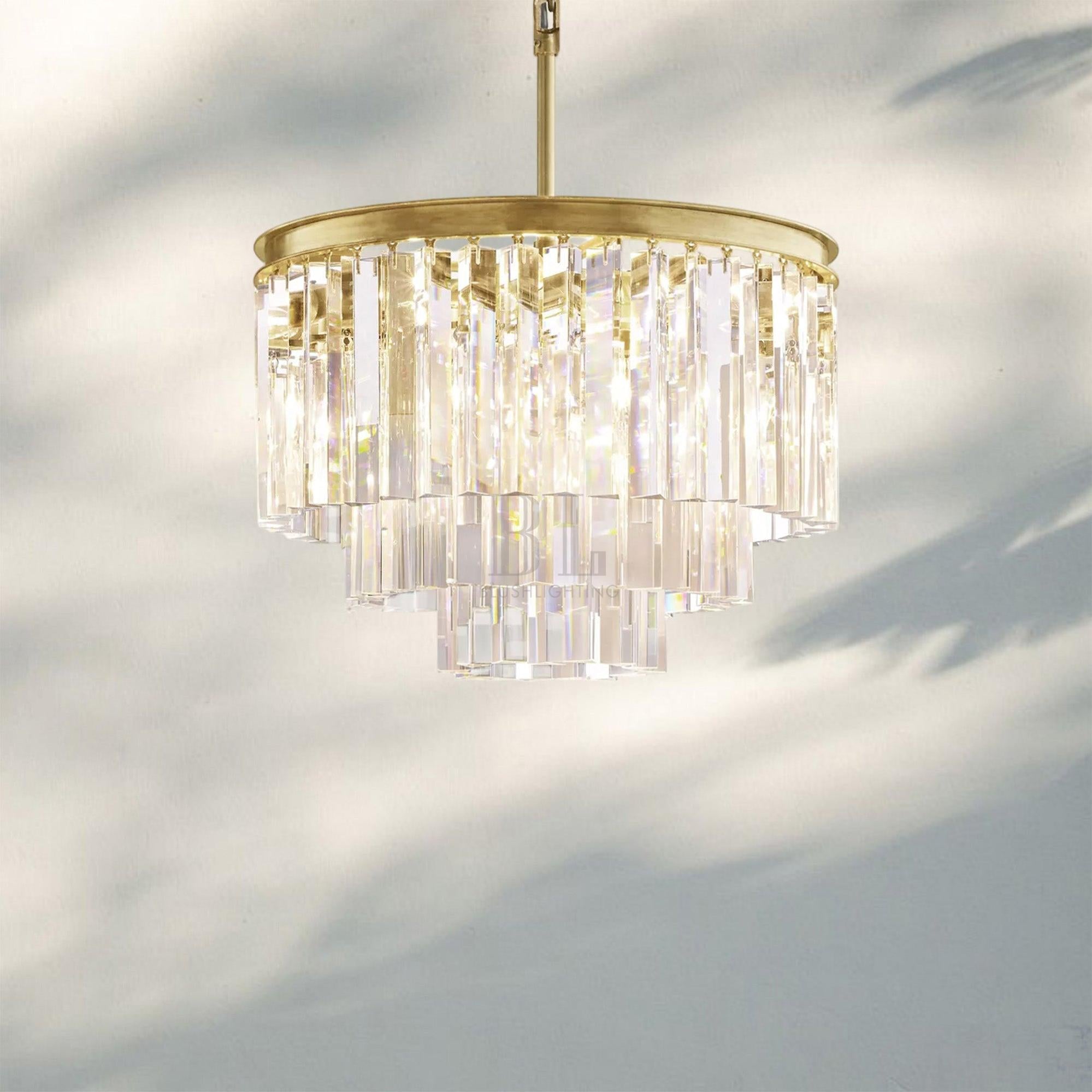 1920s Odaon Multi Tierd Round Chandelier 20"32"44"-20''-Lacquered Burnished Brass-