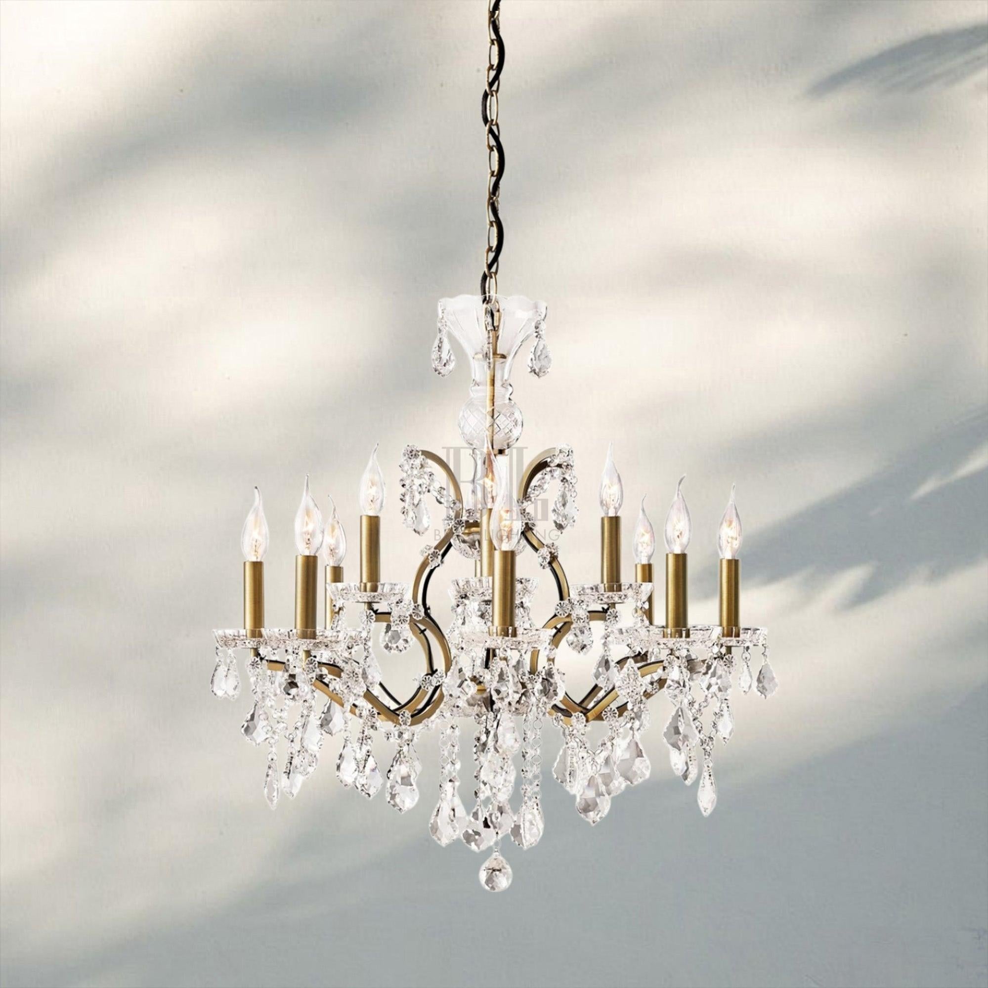 19th C. Rococa Iron & Crystal Round Chandelier 28"-Antiqued Brass-