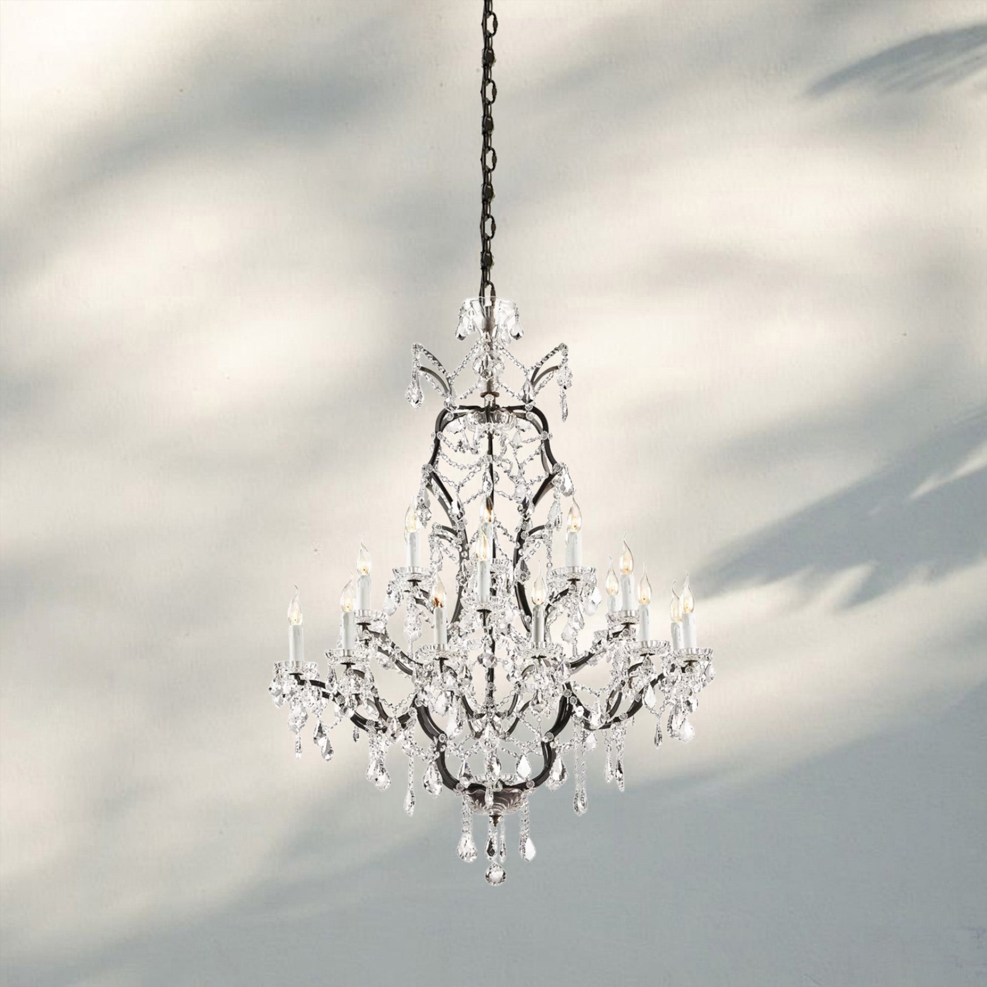 19th C. Rococa Iron & Crystal Round Chandelier 40"-Rustic Iron-