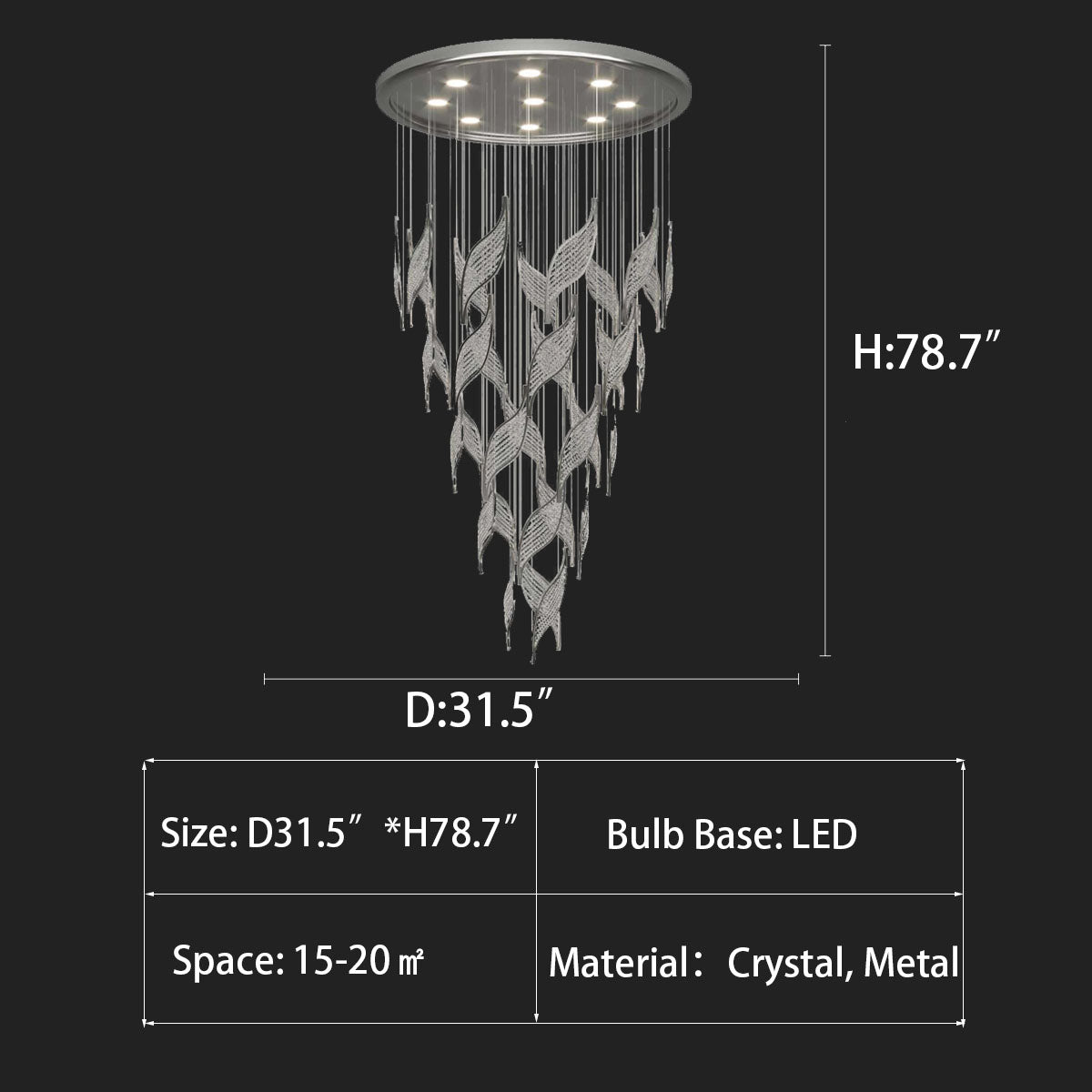leaf, shining, light luxury, round, LED, living room, staircase, duplex, hBUlow, crystal, metal, Loft