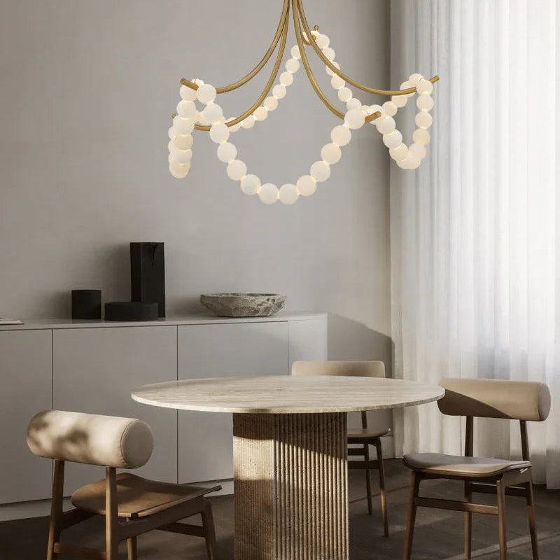 Cluster String Alabaster Beads Semi Flush Chandelier in Brass & Black Metal Rod American chandelier