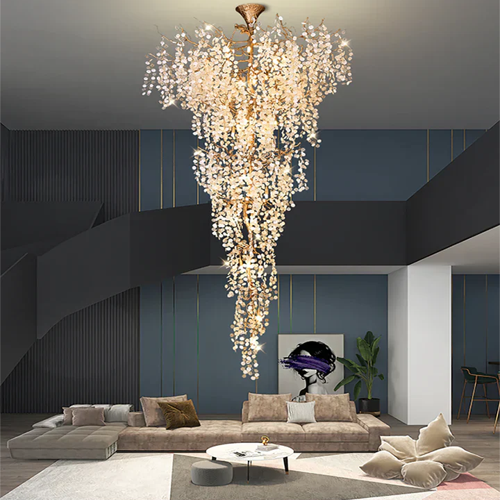 Modern Unique Artistic Flower Brass Branch Semi-flush Mount Chandelier for Living Room/ Hallway/ Entryway/ Staircase-Chandeliers-Blushlighting