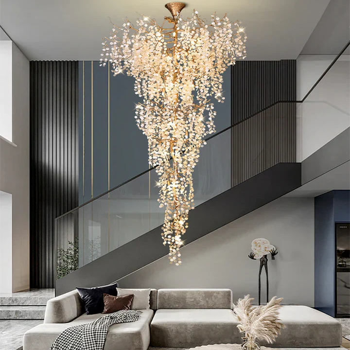 Modern Unique Artistic Flower Brass Branch Semi-flush Mount Chandelier for Living Room/ Hallway/ Entryway/ Staircase-Chandeliers-Blushlighting
