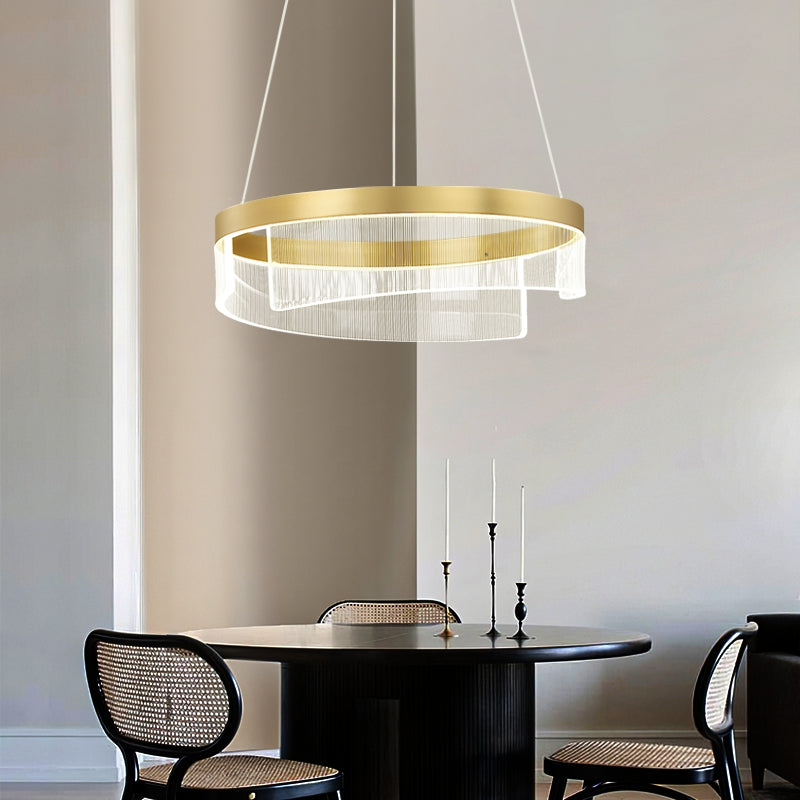 chandelier,chandeliers,aluminum,gold,adjustable,Acrylic lampshade,dining table,round,ring,circle,round table,big table,long table,light fixture,living room,bar,cafe,dining room,foyer,entryway