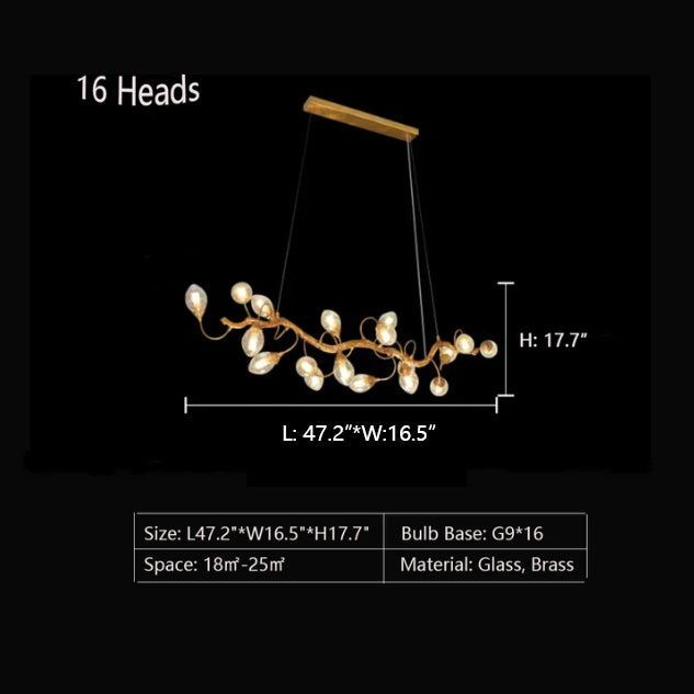 16Heads: L47.2"*W16.5"*H17.7" chandelier,chandeliers,pendant,ceiling,chain,adjustable,long table,big table,big,huge,large,oversize,eggs,branch,brass,glass,air bubble,art