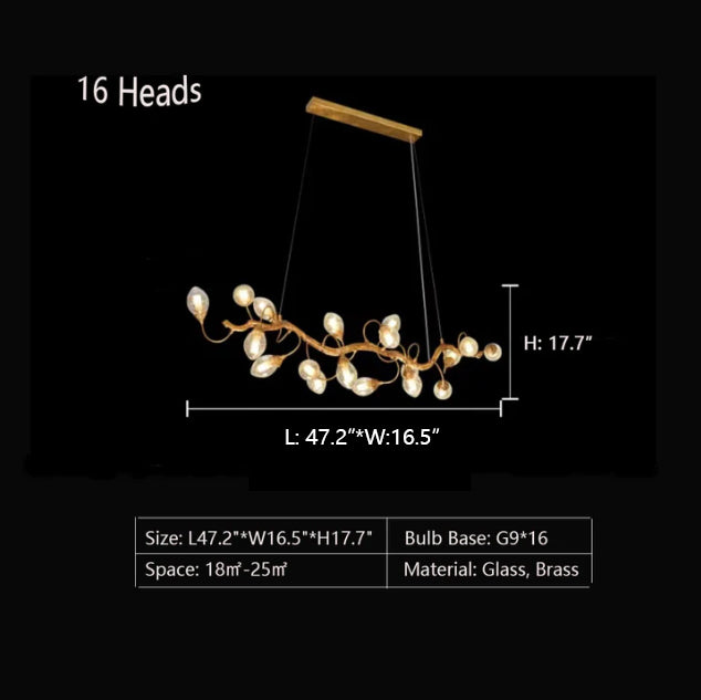 16Heads: L47.2"*W16.5"*H17.7" chandelier,chandeliers,pendant,ceiling,chain,adjustable,long table,big table,big,huge,large,oversize,eggs,branch,brass,glass,air bubble,art