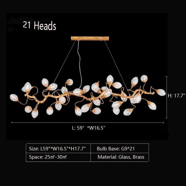 21Heads: L59.0"*W16.5"*H17.7" chandelier,chandeliers,pendant,ceiling,chain,adjustable,long table,big table,big,huge,large,oversize,eggs,branch,brass,glass,air bubble,art