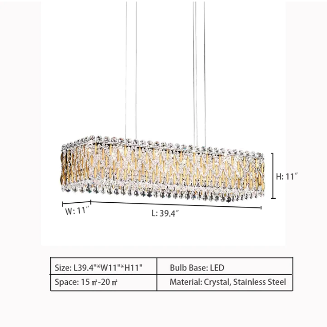 L39.4"*W11.0"*H11.0" chandelier,chandeliers,crystal,leaves,leaf,rectangle,gold,chrome,living room,dining room,kitchen island,.dining bar
