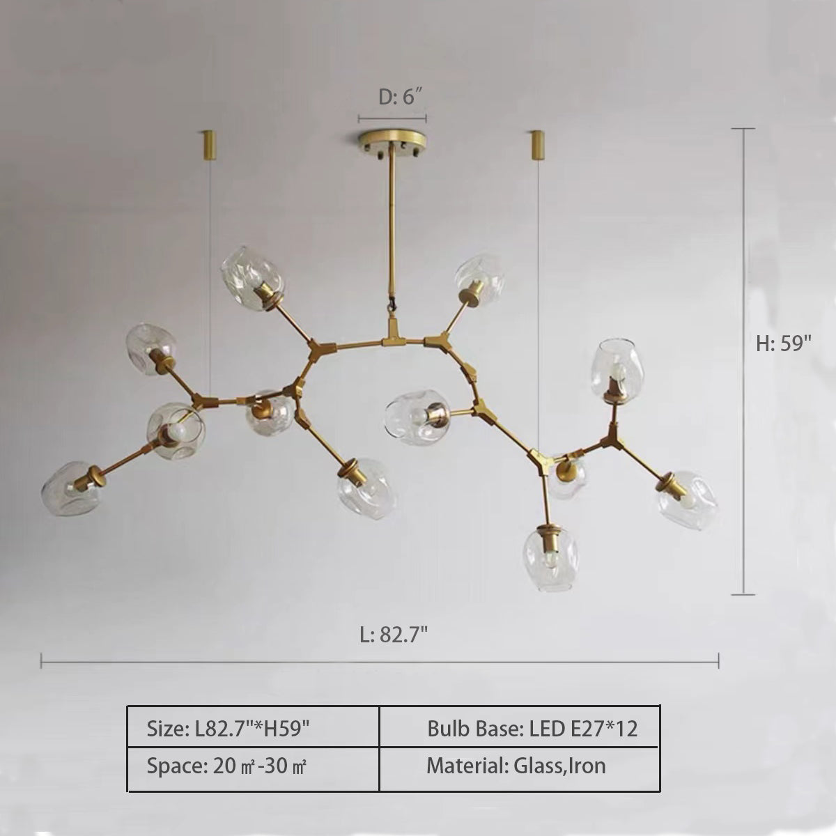12Heads: L82.7"*H59.0" Gaia 5 - Light Sputnik Modern Linear Chandelier,chandelier,chandeliers,glass,metal,iron,cup,branch,fashion,trendy,multi-head,pendant,extra large,oversize,large,huge,big,long table,big table,kitchen island,kitchen bar,dining table,dining bar
