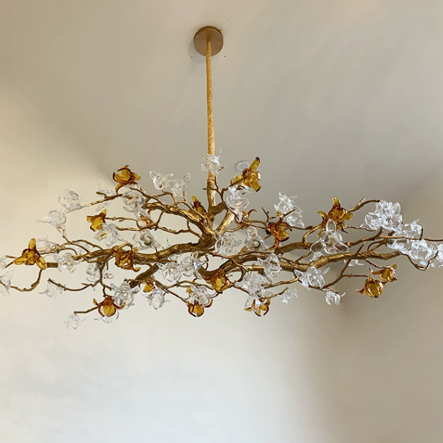 Designer Favorite Brass Branch Chandelier with Artistic Flower Glass for Dining Room Living Room and Kitchen Island-Chandeliers-Blushlighting