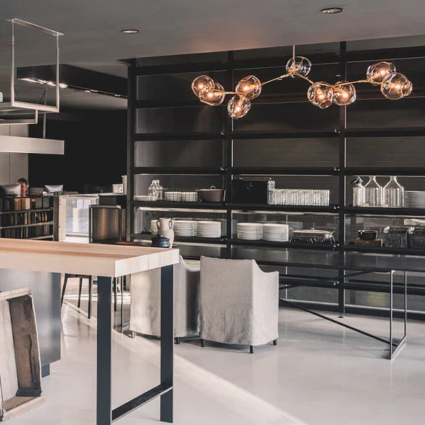 Modern Sputnik Smoky Gray/Amber Glass Branch Chandelier for Kitchen Island/Dining Room-Chandeliers-9 Globes/W79.9"*25.2"*H20.87"-Brass Finish/Clear Glass-Warm Light-Blushlighting