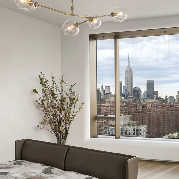 Modern Sputnik Smoky Gray/Amber Glass Branch Chandelier for Kitchen Island/Dining Room-Chandeliers-5 Globes/W64.2"*D20.86"*H20.87"-Brass Finish/Clear Glass-Warm Light-Blushlighting