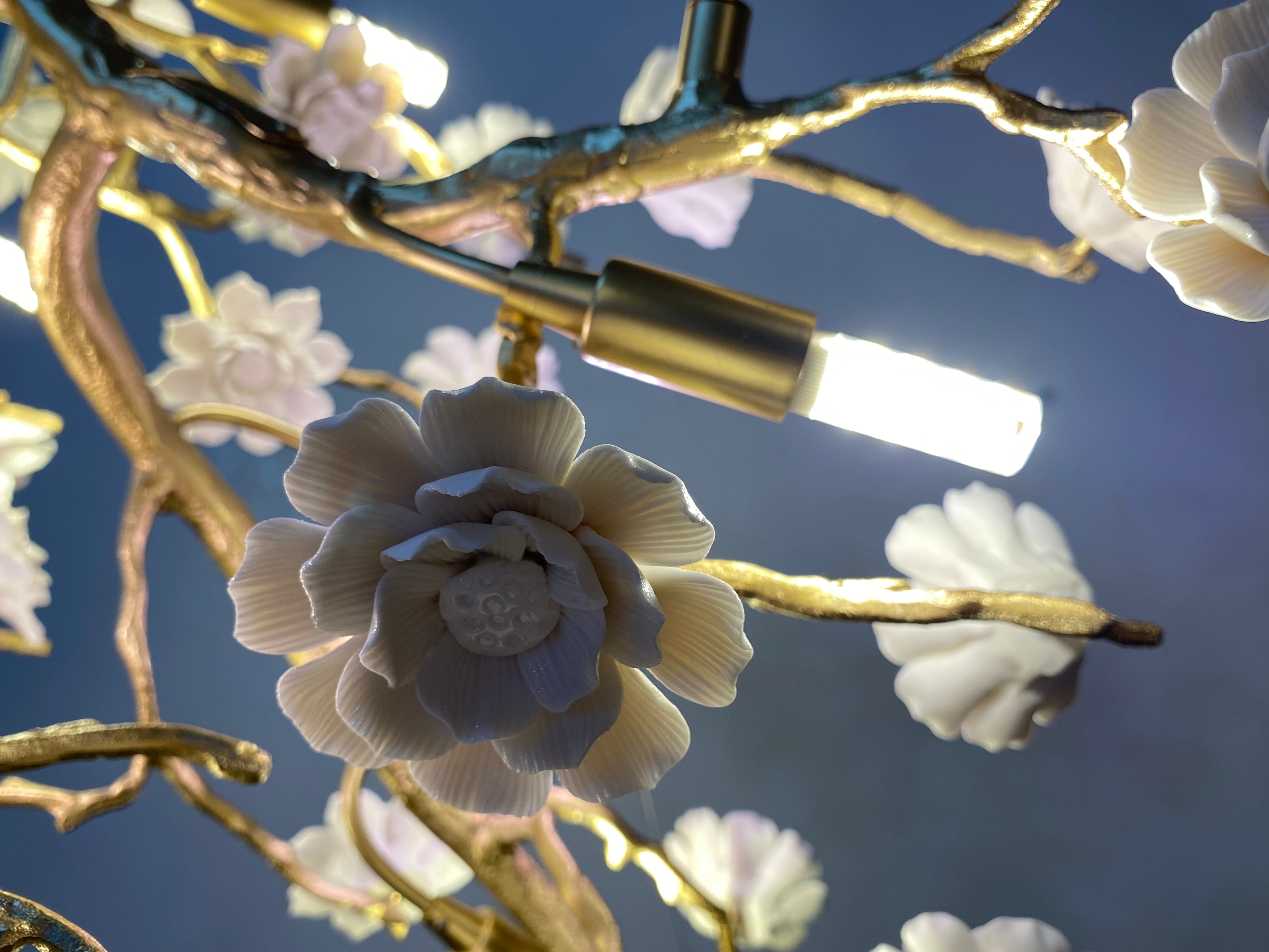 Post-Modern Art Brass and Ceramics Flower Pendant Branch Chandelier for Living/Dining Room