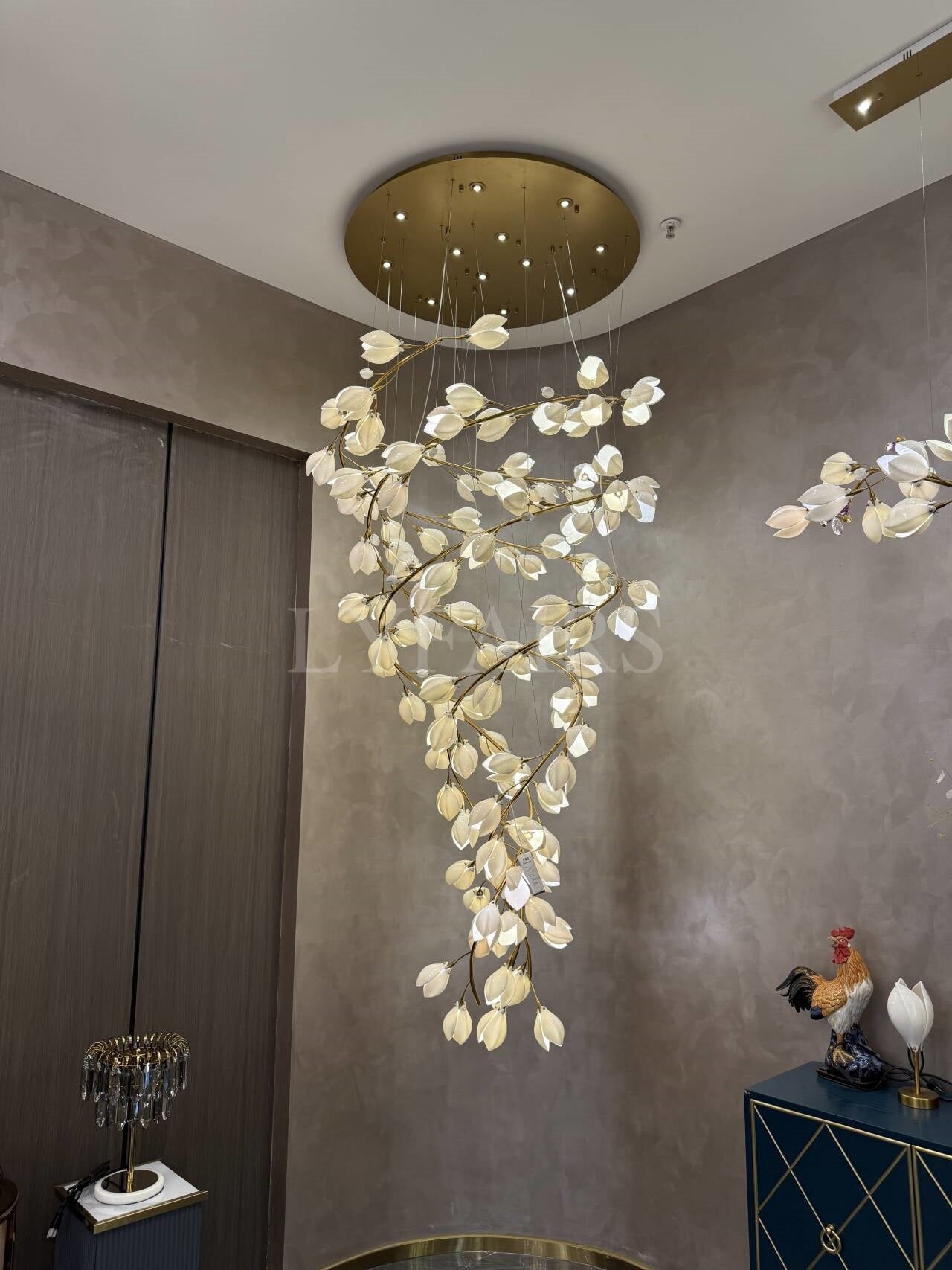 Spiral Pure White Magnolia Chandelier with Golden Branches for Staircase/High-ceiling Space/Foyer/ Duplex-Chandeliers-Blushlighting