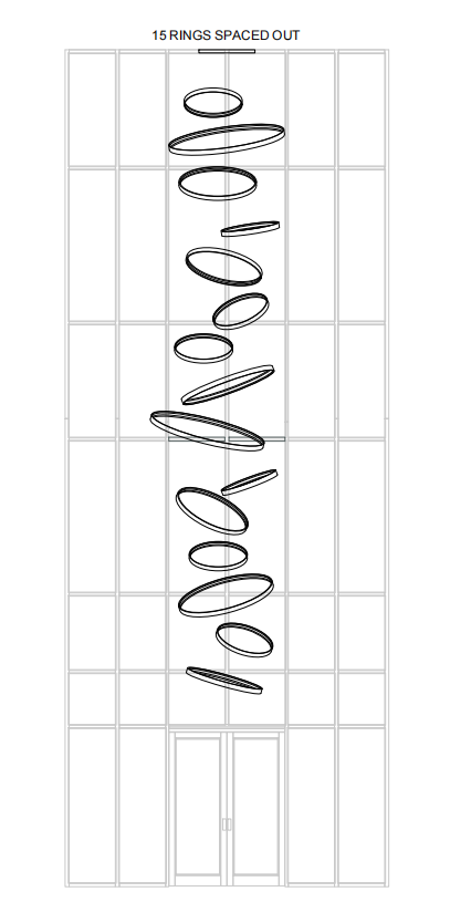 Layout drawing of a 15-ring entryway chandelier spaced through a double-height foyer, illustrating customizable suspension positions and scale.