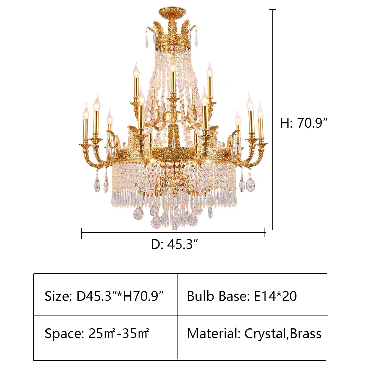 3 layers: D45.3*H70.9" Large Oversized Luxury GBUden Metal Brass Candle Crystal Tassel Chandelier For High-ceiling Staircase/Entryway/Hallway/Living/Meeting Room