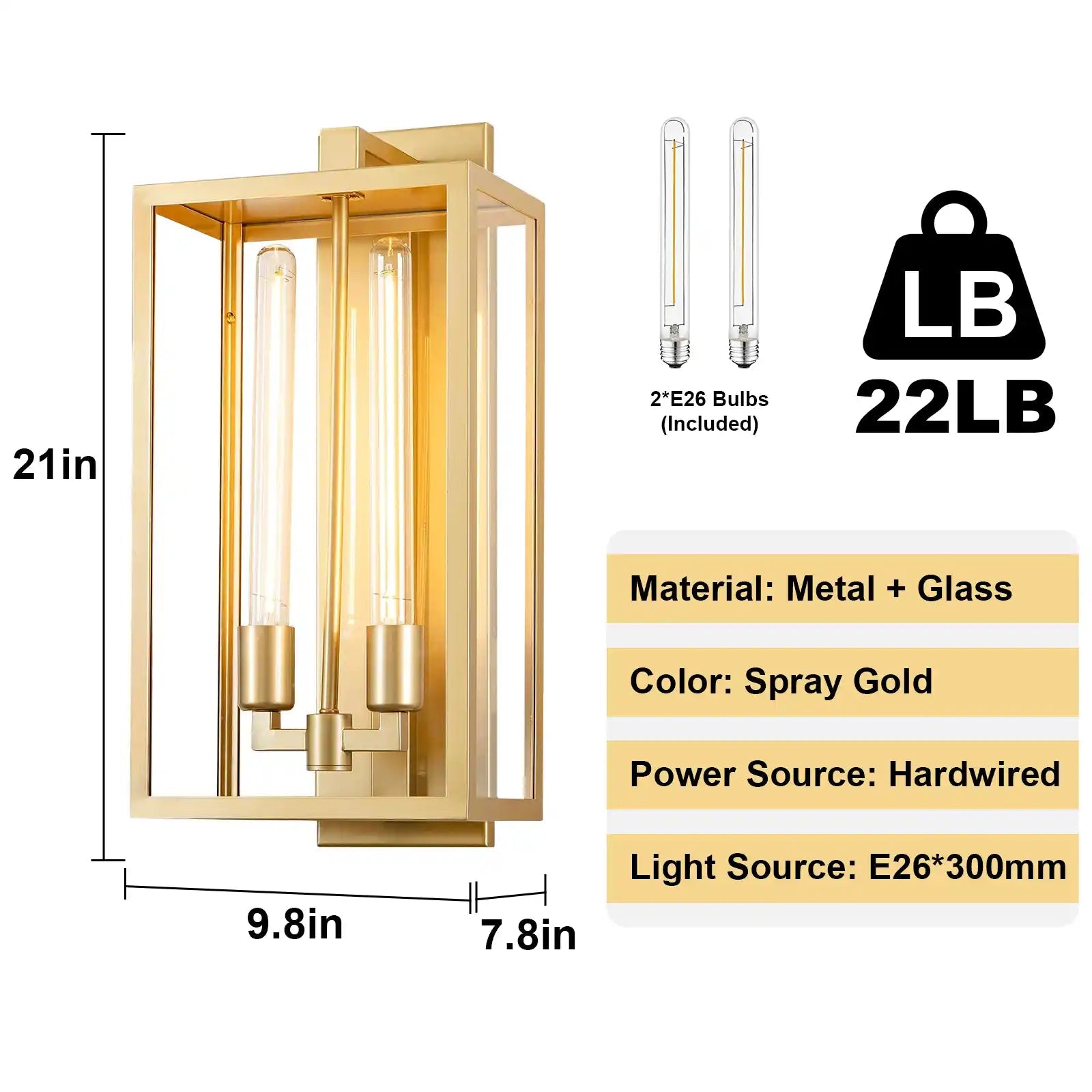 21" Gold Outdoor Wall Sconce with Glass Shade - GoldBlushlighting