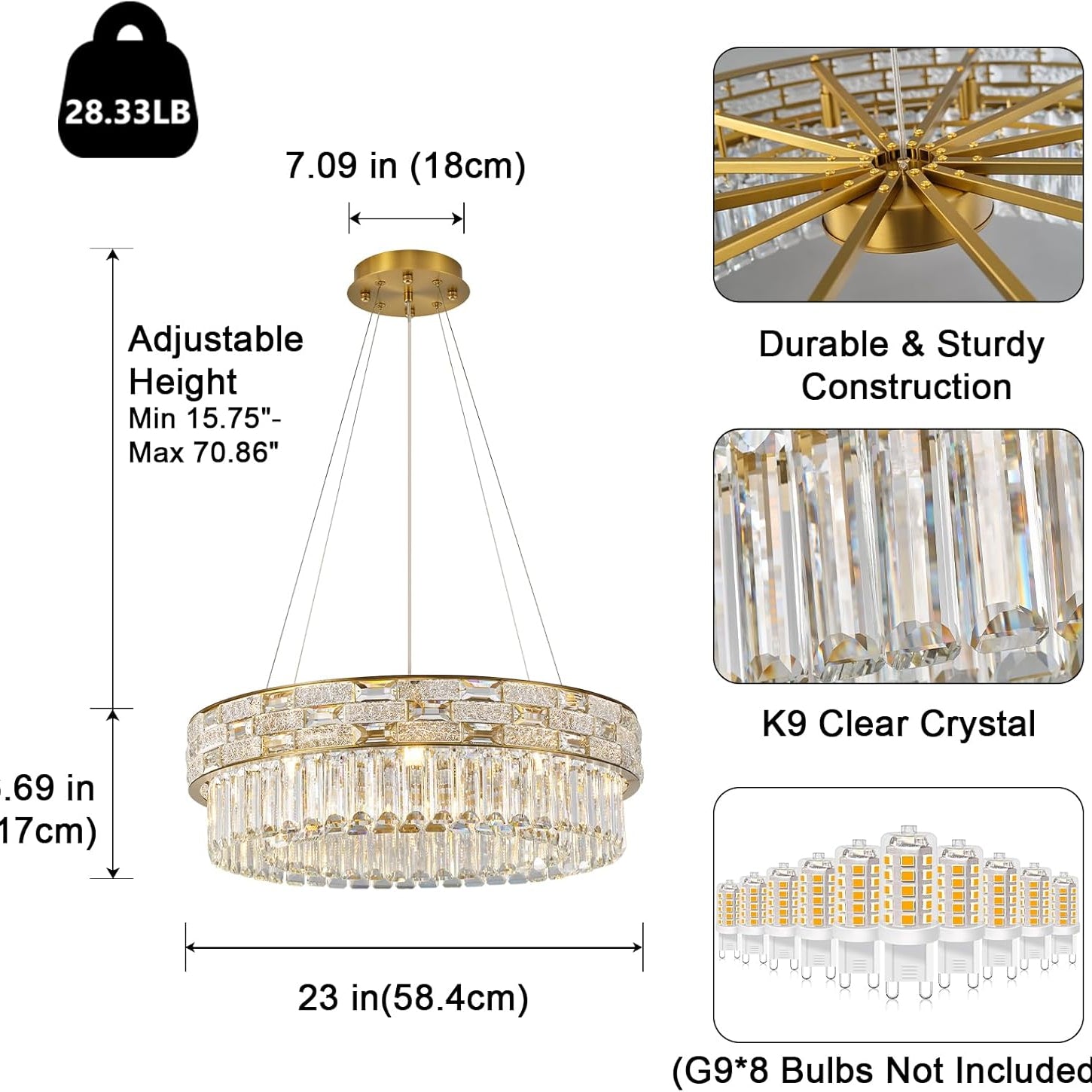 23" Gold Crystal 8-Light Round Chandelier for Elegant Interiors