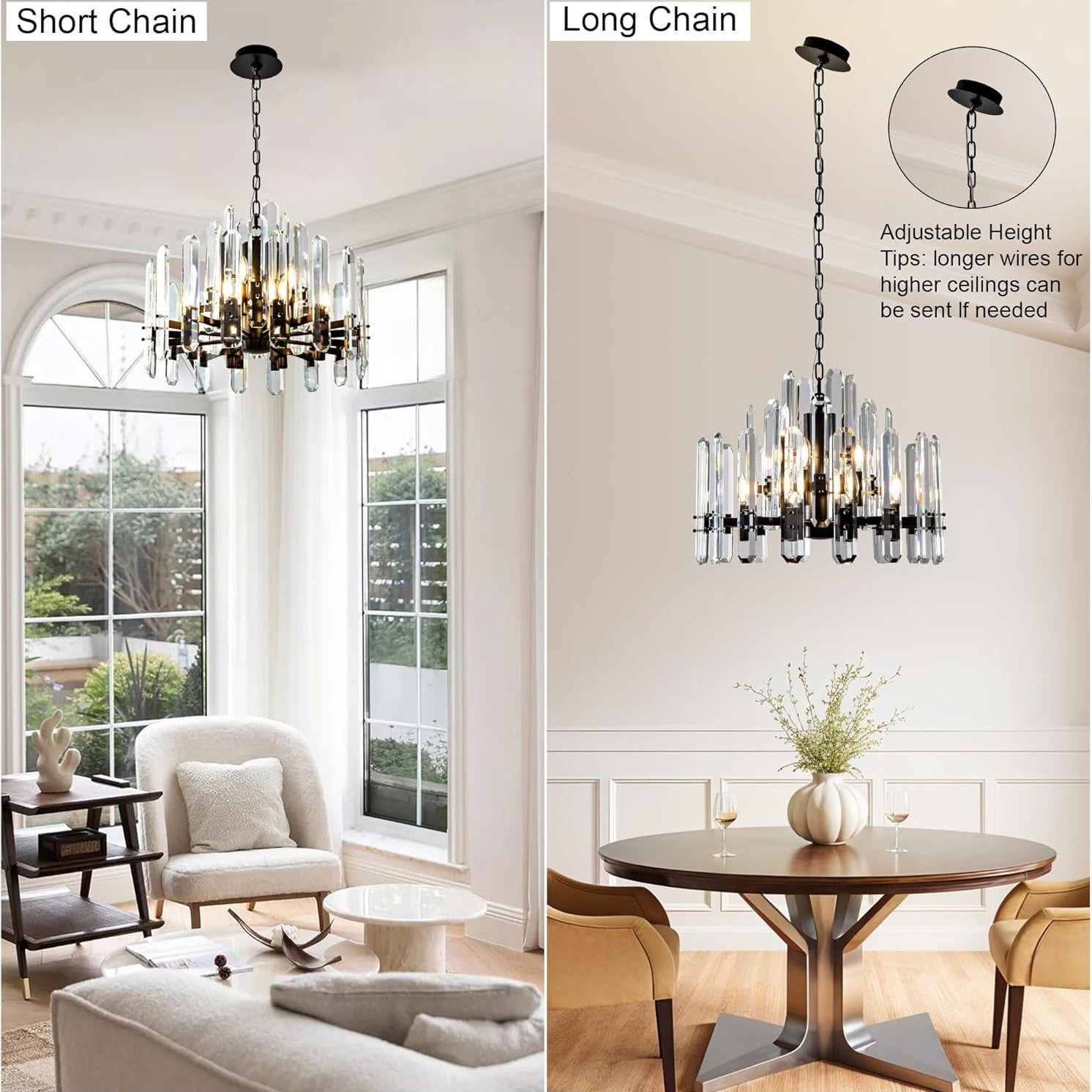 24" Black Modern Crystal Chandelier with Adjustable Height