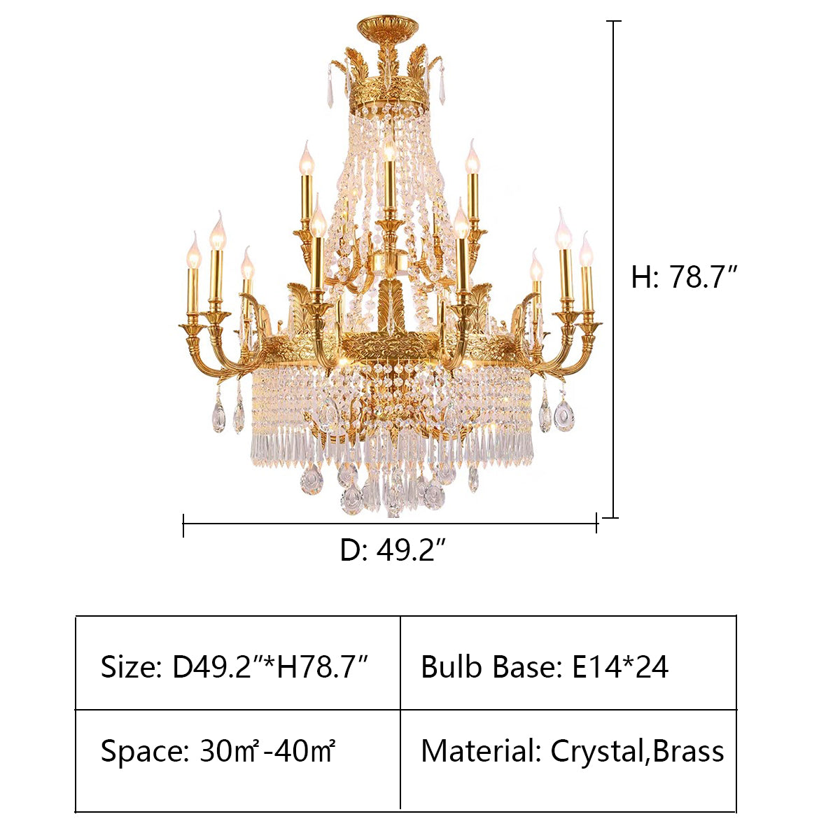 3 layers: D49.2*H78.7" Large Oversized Luxury GBUden Metal Brass Candle Crystal Tassel Chandelier For High-ceiling Staircase/Entryway/Hallway/Living/Meeting Room