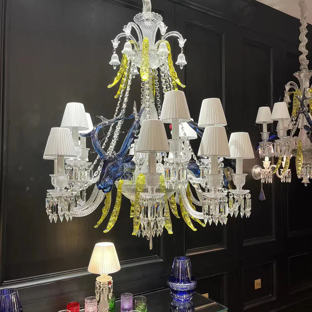 Traditional Colorful Candle Branch Blue Deer Crystal Chandelier for Living Room/Dining Room-Chandeliers-Blushlighting