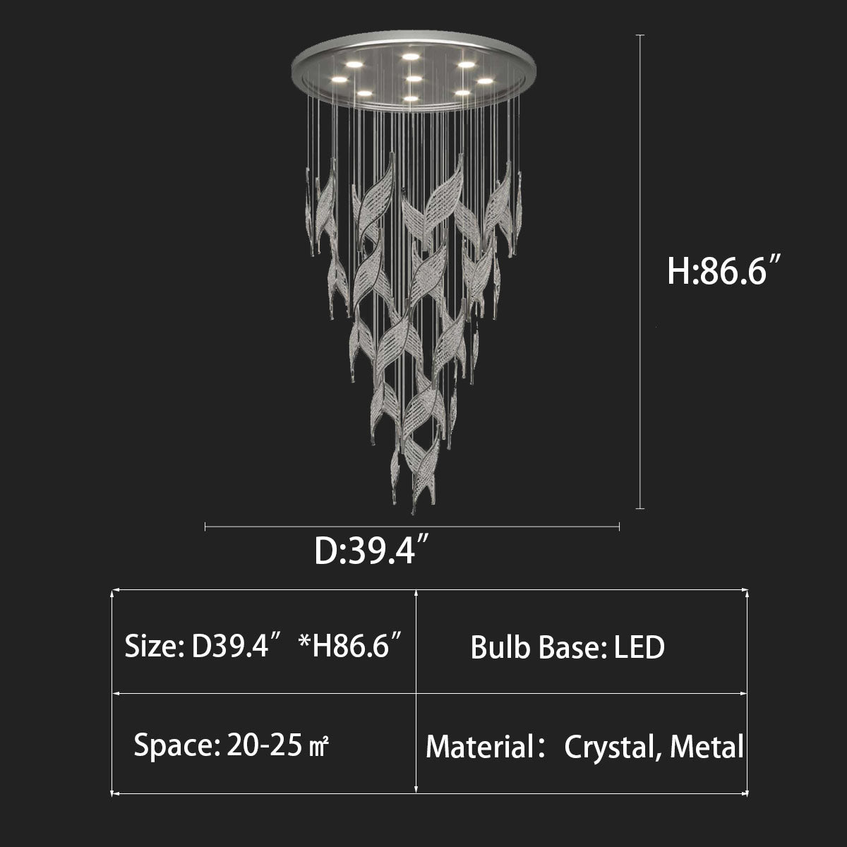 leaf, shining, light luxury, round, LED, living room, staircase, duplex, hBUlow, crystal, metal, Loft