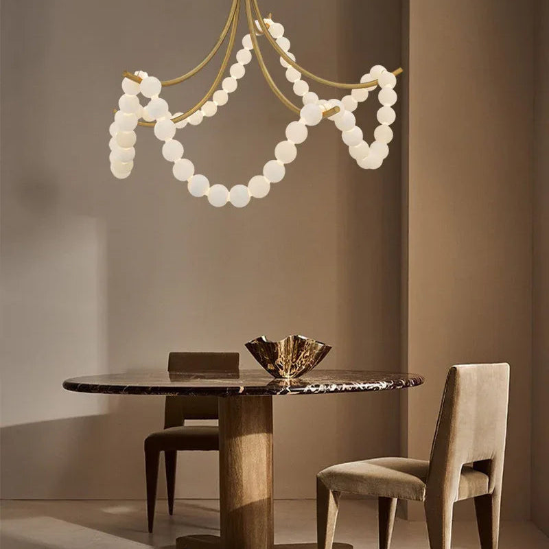 Cluster String Alabaster Beads Semi Flush Chandelier in Brass & Black Metal Rod American chandelier