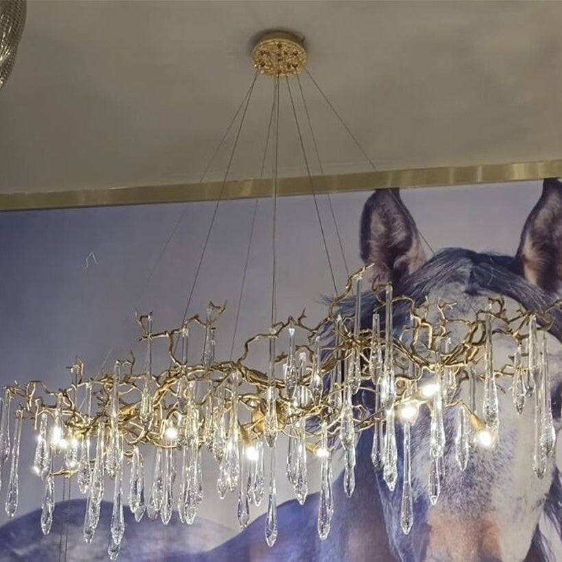 New Clear Crystal Rain Copper Branch Chandelier Modern Designer Pendant Light For Dining Table/Kitchen Island-Chandeliers-Blushlighting