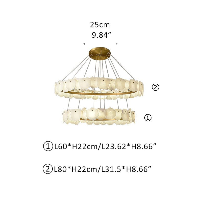3 - tiered stairwell chandeliers | irregular alabaster plate in disk ceiling with long cord - D23.6" + D31.5"White + BrassBlushlighting