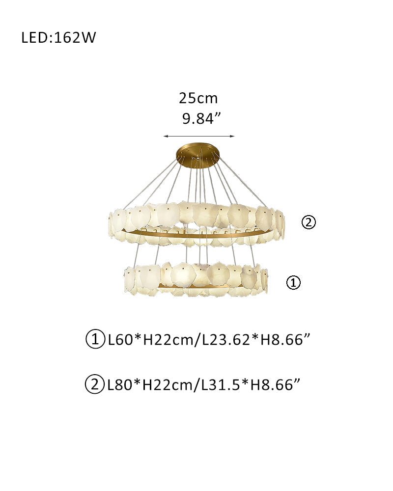 3 - tiered stairwell chandeliers | irregular alabaster plate in disk ceiling with long cord - D23.6" + D31.5"White + BrassBlushlighting
