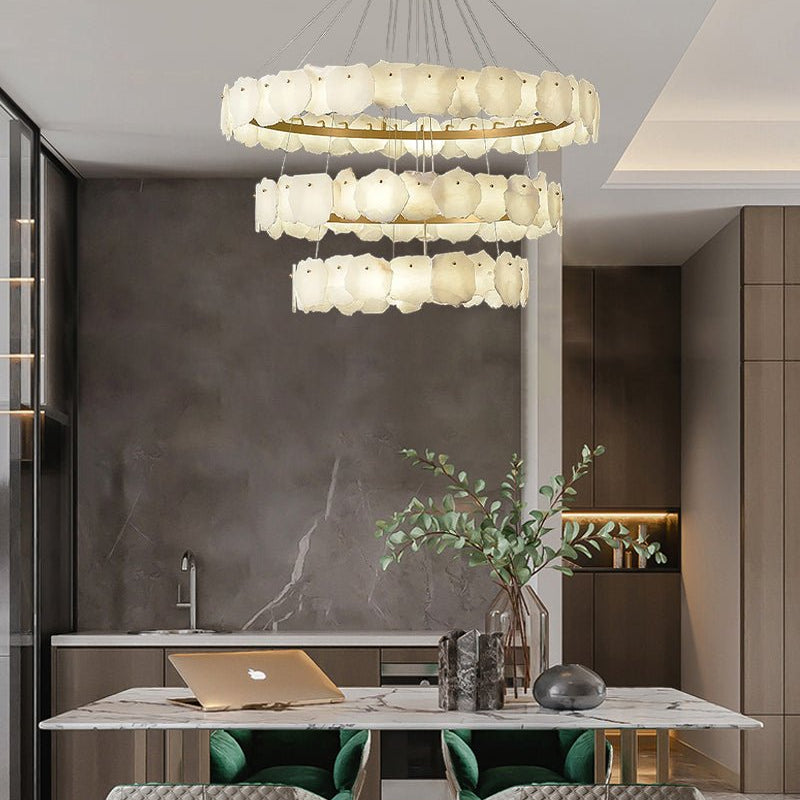 3 - tiered stairwell chandeliers | irregular alabaster plate in disk ceiling with long cord - D23.6" + D31.5"White + BrassBlushlighting