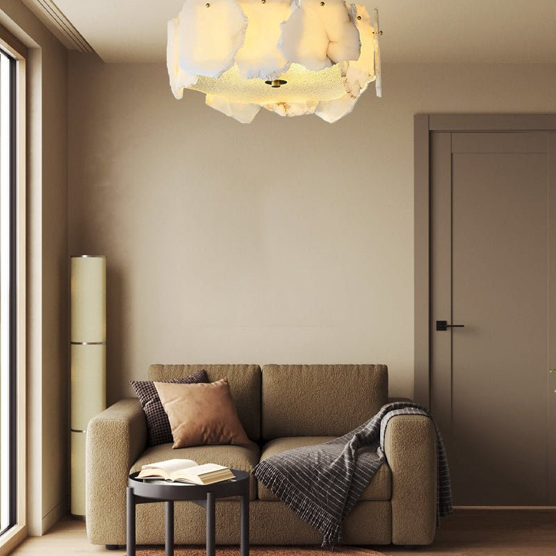 3 - tiered stairwell chandeliers | irregular alabaster plate in disk ceiling with long cord - D23.6" + D31.5"White + BrassBlushlighting