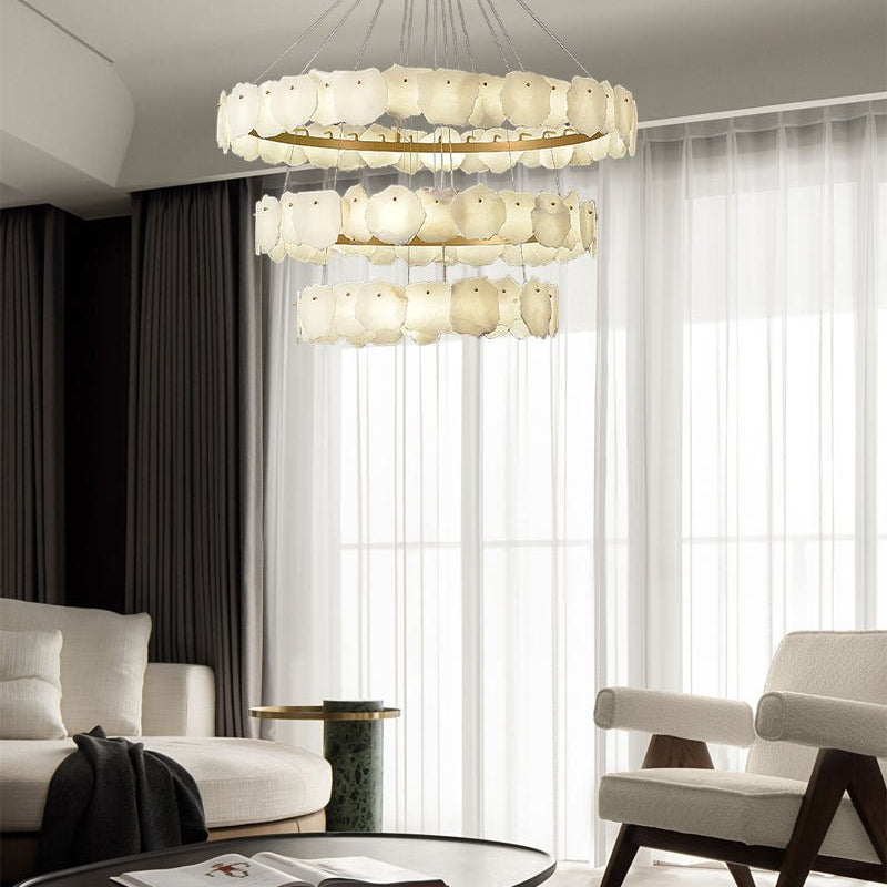 3 - tiered stairwell chandeliers | irregular alabaster plate in disk ceiling with long cord - D23.6" + D31.5"White + BrassBlushlighting