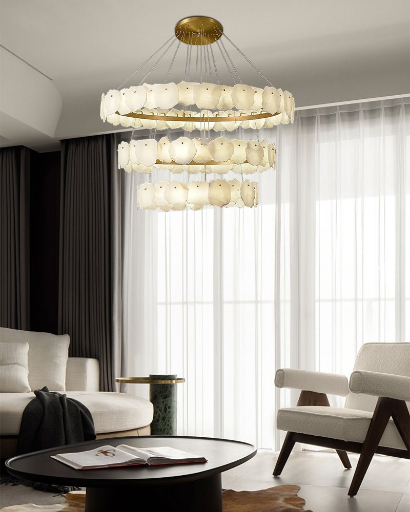 3 - tiered stairwell chandeliers | irregular alabaster plate in disk ceiling with long cord - D23.6" + D31.5"White + BrassBlushlighting