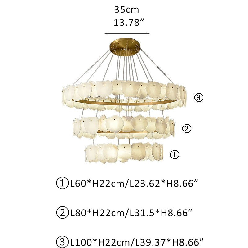 3 - tiered stairwell chandeliers | irregular alabaster plate in disk ceiling with long cord - D23.6" + D31.5" + D39.4"White + BrassBlushlighting