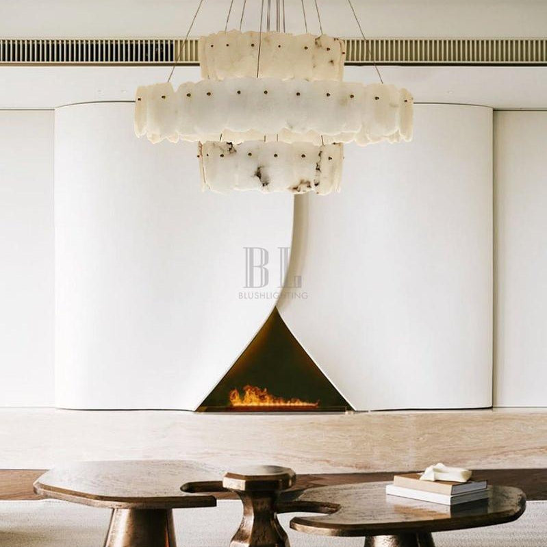 3 - tiered stairwell chandeliers | irregular alabaster plate in disk ceiling with long cord - D23.6" + D31.5"White + BrassBlushlighting