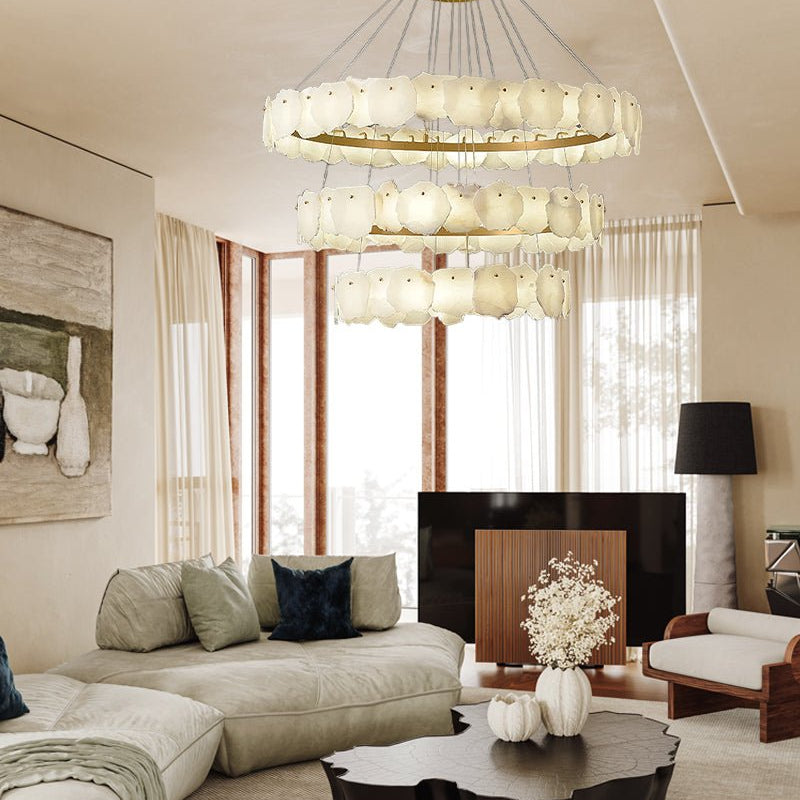 3 - tiered stairwell chandeliers | irregular alabaster plate in disk ceiling with long cord - D23.6" + D31.5"White + BrassBlushlighting