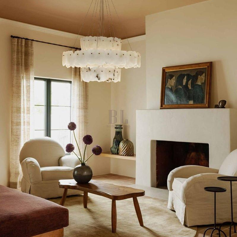 3 - tiered stairwell chandeliers | irregular alabaster plate in disk ceiling with long cord - D23.6" + D31.5"White + BrassBlushlighting