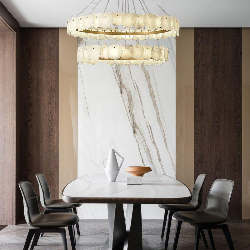 3 - tiered stairwell chandeliers | irregular alabaster plate in disk ceiling with long cord - D23.6" + D31.5"White + BrassBlushlighting