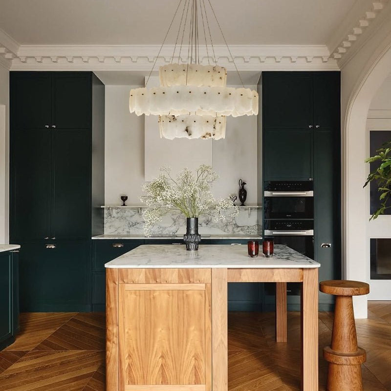 3 - tiered stairwell chandeliers | irregular alabaster plate in disk ceiling with long cord - D23.6" + D31.5"White + BrassBlushlighting