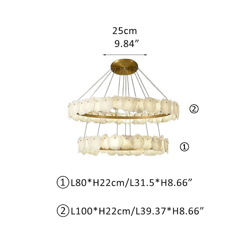 3 - tiered stairwell chandeliers | irregular alabaster plate in disk ceiling with long cord - D31.5" + D39.4"White + BrassBlushlighting