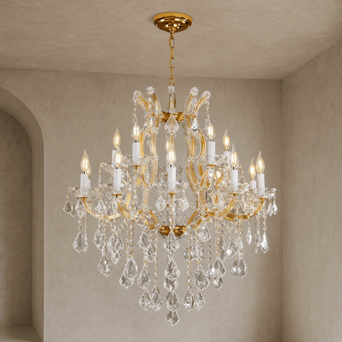 30" 15-Light 2-Tier Maria Theresa Crystal Chandelier - Gold - Blushlighting