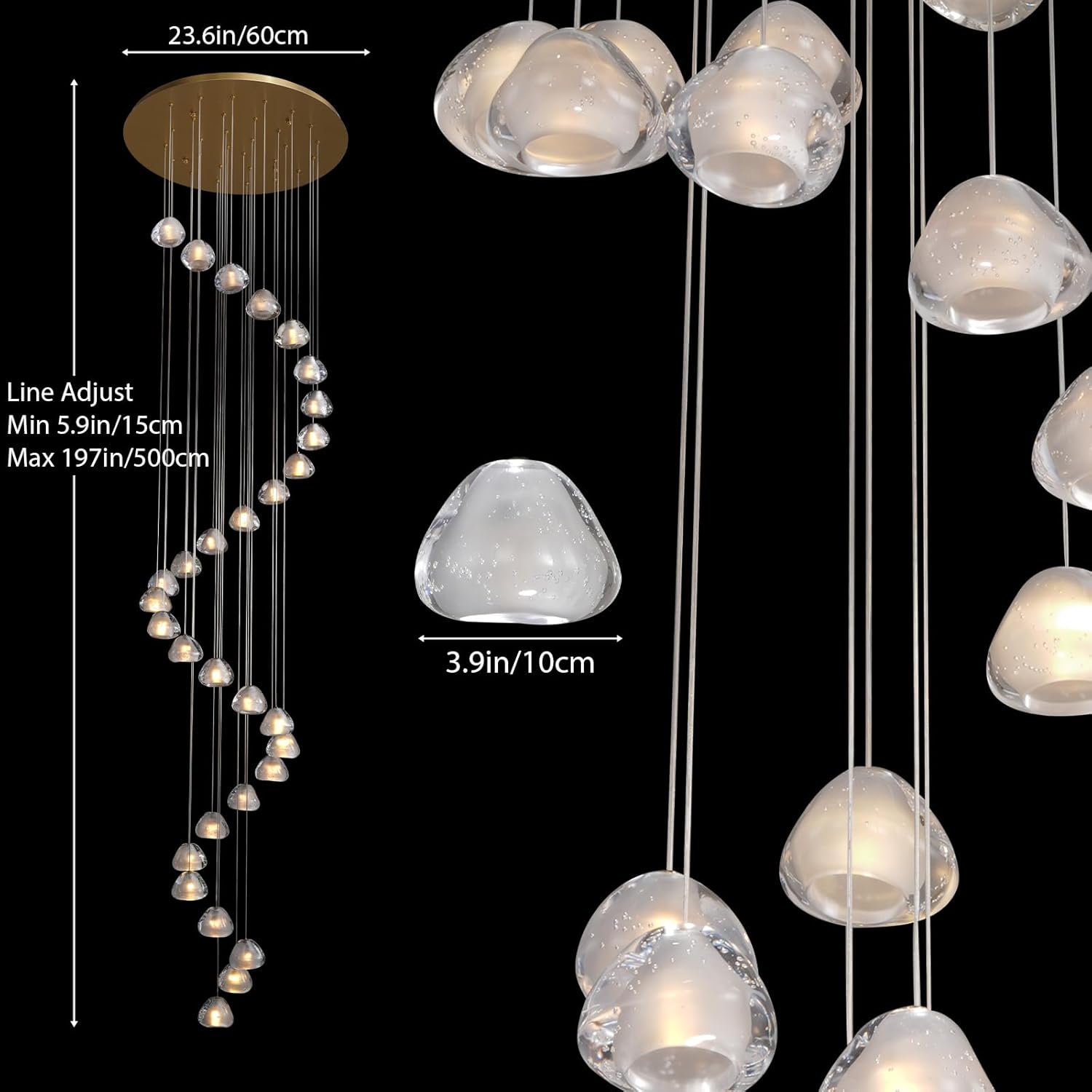 30-Light Gold Crystal Staircase Chandelier with Adjustable Bubble Shades