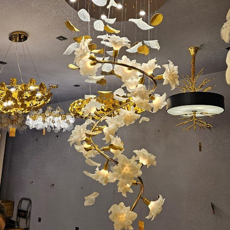 Ceramic Flower Chandelier in Artistic Brass Branch Design-Chandeliers-Blushlighting