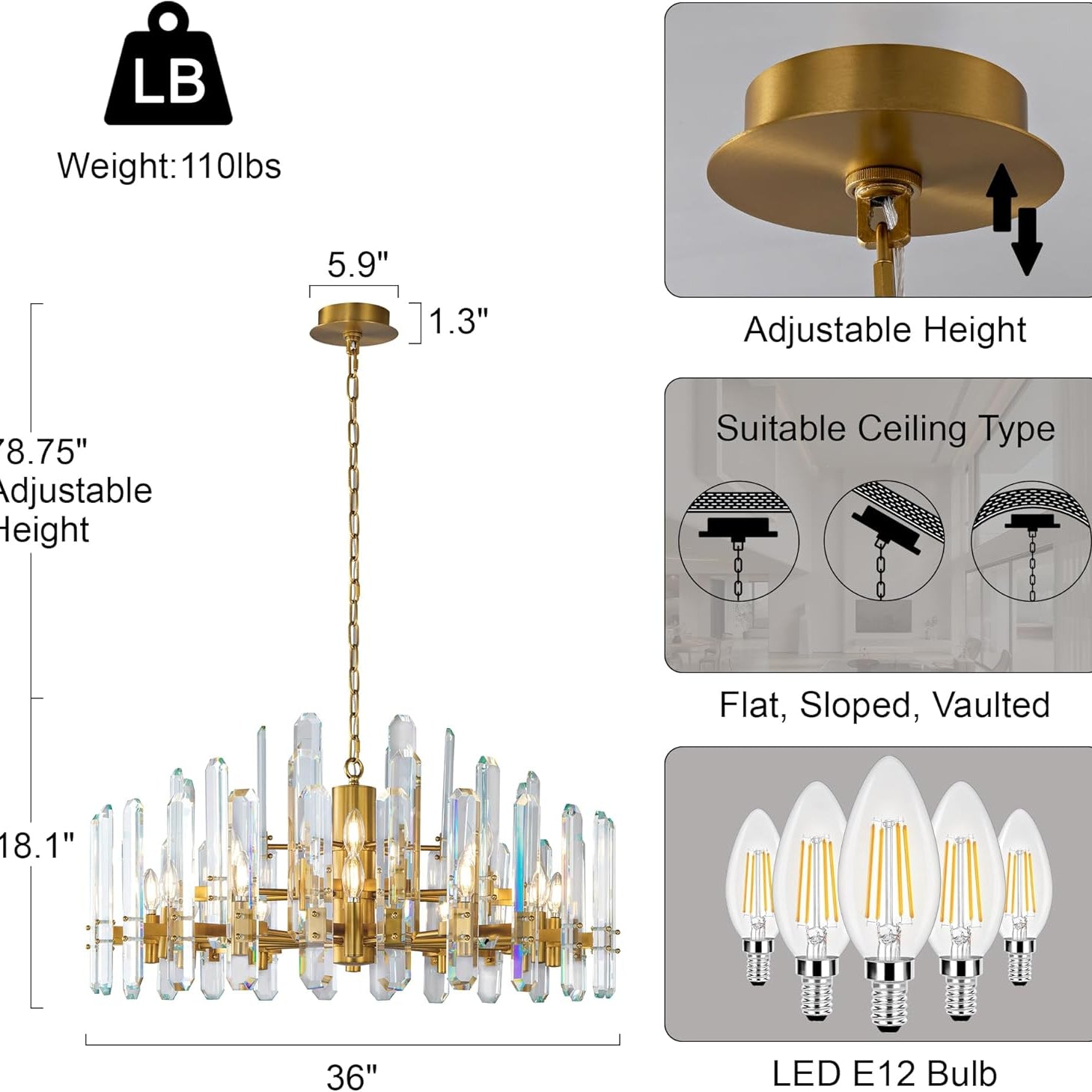 36" Luxury Gold Crystal 16-Light Round Adjustable Chandelier
