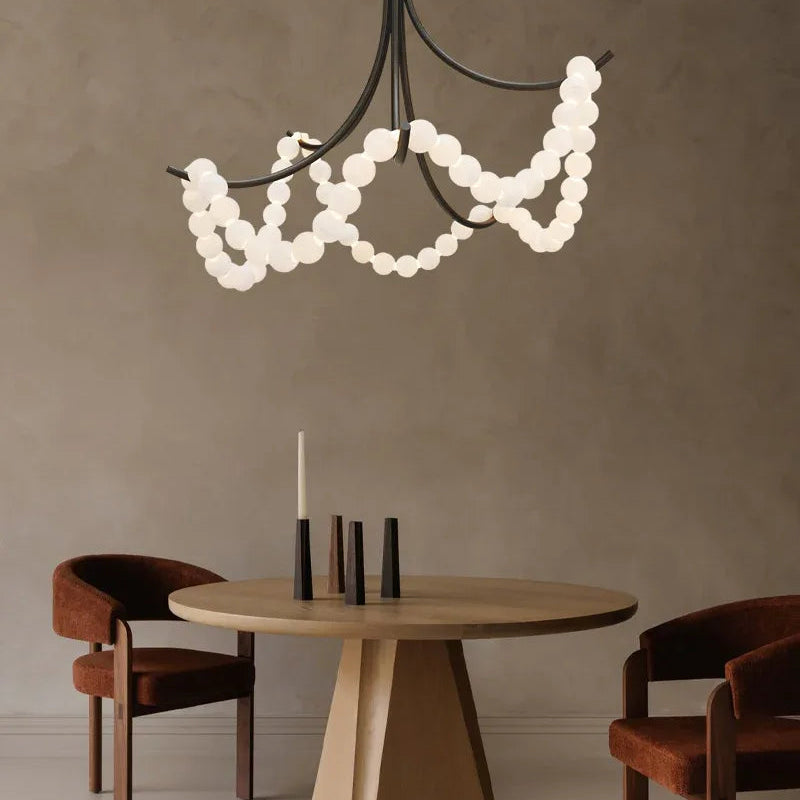 Cluster String Alabaster Beads Semi Flush Chandelier in Brass & Black Metal Rod American chandelier